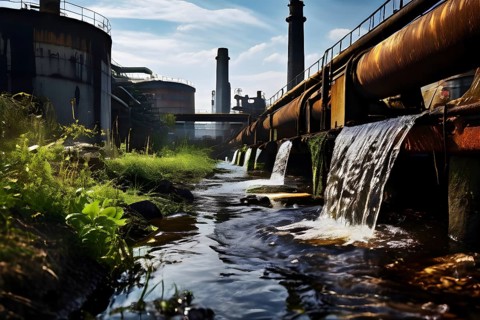 Rusty sewage pipe discharges dirty water into a stream, AI generated