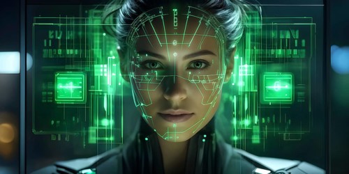 3d digital facial recognition displaying a female face with overlaid ai biometric data, AI