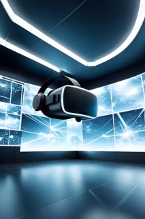 Three dimensional render of virtual reality glasses in a digital room, AI generated