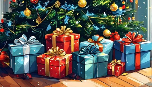 Abstract illustration of wrapped Christmas gifts, shiny ribbons and bows, stacked under a evergreen