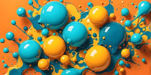 Abstract wallpaper with colorful turquoise and yellow blobs and liquid shapes on a orange