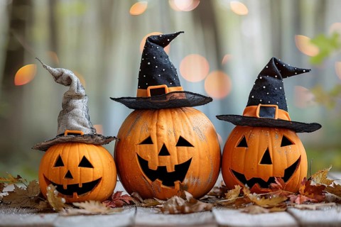 Three carved Halloween pumpkins with witch hats. Generative Ai, AI generated