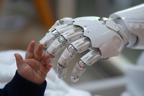 Small baby reaching hand for white artificial intelligence robot. Generative Ai, AI generated