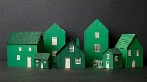 AI generated cluster of quaint paper houses arranged in a variety of tiny delicate architectures