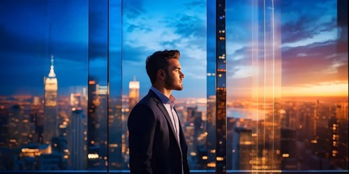 AI generated profile of a businessman with a double exposure of city lights, representing business