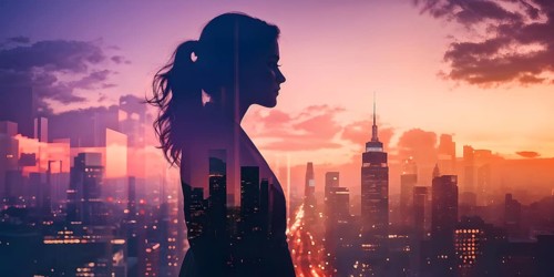 AI generated profile of a businesswoman with a double exposure of city lights, representing
