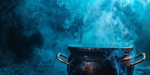 Banner with Halloween witch cauldron with blue smoke. Generative AI, AI generated