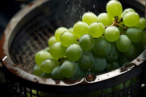 Grape cluster mid crush in a traditional wine press with dynamic flow of juice, AI generated