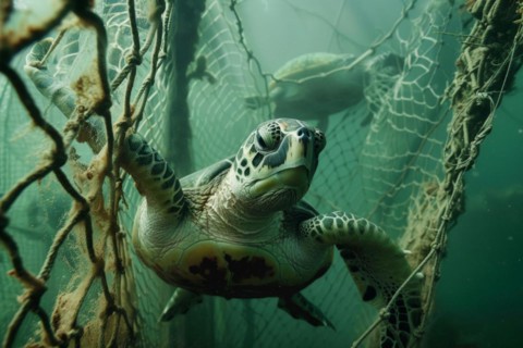 A sea turtle, hawksbill turtle caught in a fishing net, symbolic image for endangered species,