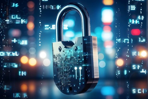 AI generated broken digital padlock shattered on a reflective dark surface strewn with traces of