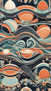 A whimsical abstract pattern with intertwined ribbons, eggs, and floral motifs, with a mix of sharp