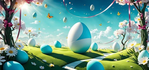 Surreal Easter scene with floating eggs, ribbons, and flowers in a dreamlike, whimsical composition