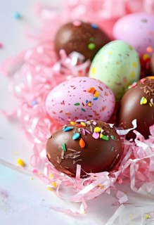 Small chocolate Easter eggs wrapped in shiny foil, placed on a bed of shredded pastel-colored