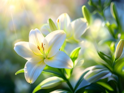 Blooming Easter lilies with soft white petals and a yellow center, bathed in gentle sunlight, AI