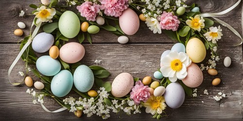 Spring wreath with pastel ribbons, speckled eggs, and blooming flowers, hanging on a wooden