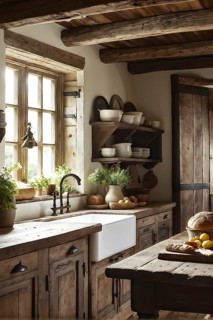 Rustic kitchen interior with exposed wooden beams, a farmhouse sink, and a table set with freshly