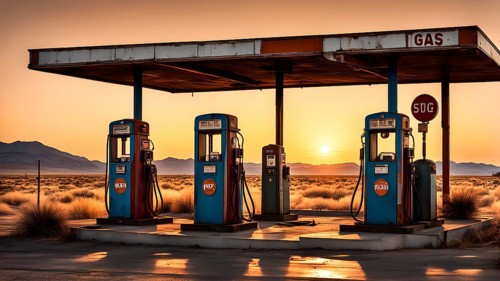 Abandoned retro gas station in the middle of a desert at sundown, with rusted gas pumps and an old
