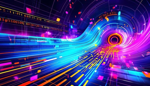Abstract data stream flowing like liquid light, with sharp lines of code and binary numbers