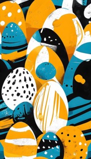 Illustration of an abstract Easter egg design with geometric patterns, bold colors, and a mix of