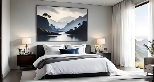 Empty modern bedroom with a large, plush bed covered in white linens, a single framed artwork on