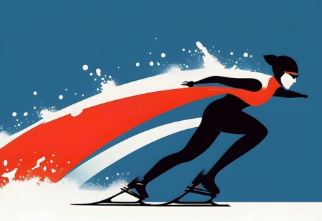 Ice speed skater illustration, depicted as a minimalist silhouette in motion in contrasting vibrant