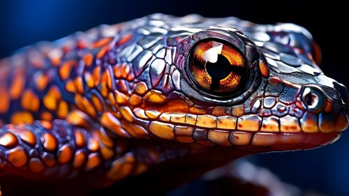 Close up on the wrinkled skin of a salamander with intricate patterns and vibrant hues, AI