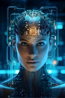 Illustration of a human brain merging with a woman's head intertwined with microchips and a