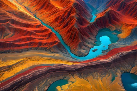 Aerial view perpendicular top down of an abstract colorful river along the coastline, AI generated