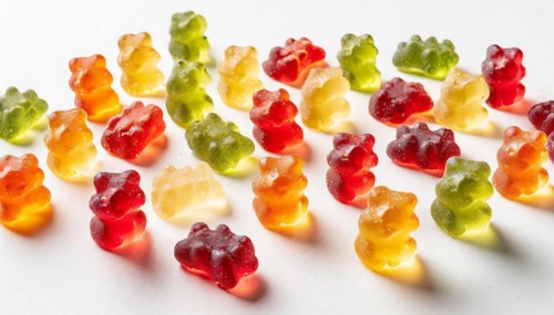 Rows of gummy bears in primary colours on a smooth background, AI generated, AI generated
