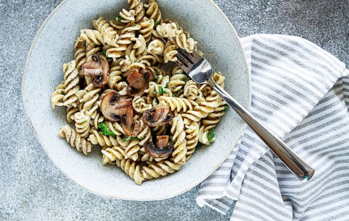 Fusilli pasta, in creamy mushroom sauce, pasta with mushrooms, homemade, no people
