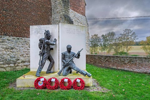 Château d'Hougoumont, fortified farm north gate memorial, defended by British Guards during the