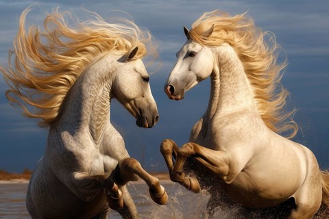 Two white horse stallions with flamboyant mane flighting in the water, AI generated