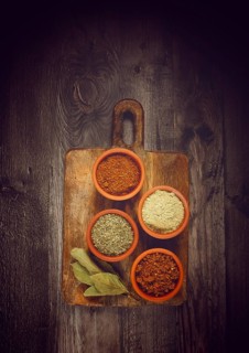 Georgian spices, in ceramic bowls, assortment, set of spices, utsho, adjika, Svan salt, ground
