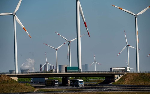 Jackerath motorway junction, A44 and A61 motorways, in the Rhenish lignite mining area, wind farm,