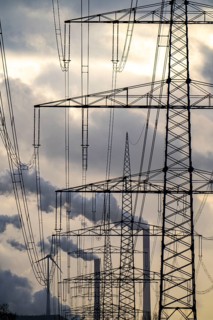 High-voltage power lines, overhead pylons, UNIPER coal-fired power plant Scholven in the