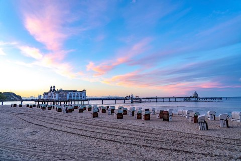 The pier of Sellin, evening mood, sunset, 394 metres long, with restaurant, jetty, beach chairs,