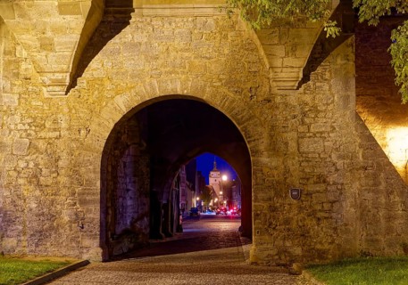 The Galgentor gate illuminated at night on the edge of the old town centre of Rothenburg ob der