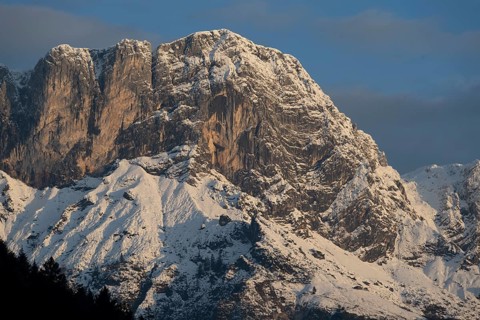 Mountain peak Berchtesgadener Hochthron at sunrise, mountain landscape with snow in autumn,