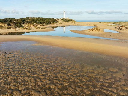 Cape Trafalgar at the Atlantic Ocean at low tide. Aerial view. Drone shot. Costa de la Luz, Cádiz