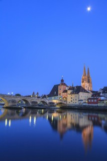 Church and bridge reflected in river, twilight, moon, idyllic, Regensburg Cathedral and stone