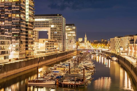 Crane houses, marina and former harbour office, Rheinauhafen, Cologne, North Rhine-Westphalia,
