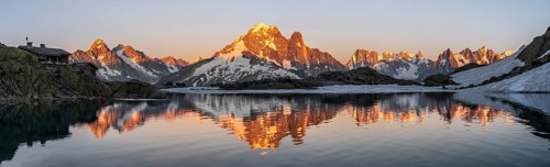 Evening mood, mountain landscape at sunset, alpenglow, water reflection in Lac Blanc with mountain