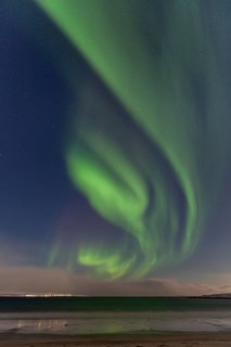 Northern Lights, Aurora borealis, full moon, moonlight, village, houses, snow, sea, coast, winter,