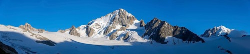 Panorama, High alpine mountain landscape, Summit of the Aiguille de Chardonnet and Glacier du Tour,