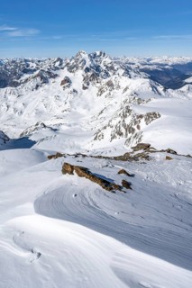 View from the summit of Monte Cevedale, mountain panorama with summit Königsspitze and Ortler,