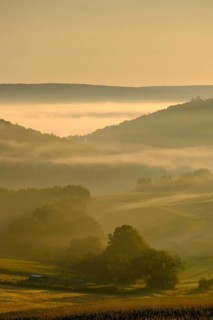 Morning fog over the Werra valley, Weißenborn near Eschwege, Werra-Meißner district, Werra valley,