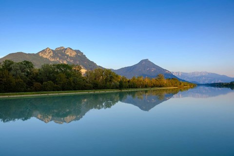 Inn at sunset, with mountains, Brannenburg, Inntal, Upper Bavaria, Bavaria, Germany, Europe