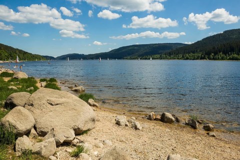 Lake in the mountains and beach in summer, Schluchsee, Black Forest, Baden-Württemberg, Germany,