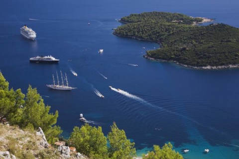 High angle view of cruise ships and sailboats on the Adriatic sea taken from Mount Srd, Dubrovnik,