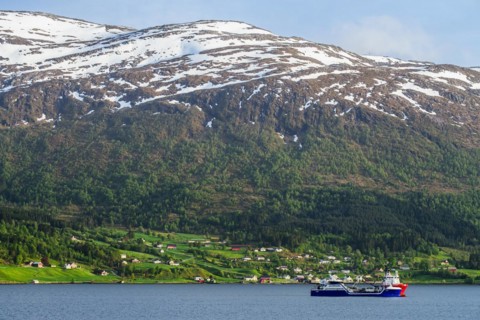Mountains and Fiord over Norwegian Village, Olden, Innvikfjorden, Norway, Europe